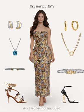 Elle Woulds Strapless Butterfly Embellished Sheath Maxi Dress in Multicolor